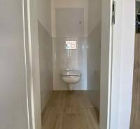 Toilette mit hängendem WC und Fliesen in einer 3-Zimmer-Wohnung, mit Holzboden.