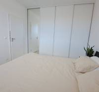 Schlafzimmer mit Bett und Einbauschrank in einer 2-Zimmer-Wohnung, mit einer Pflanze auf dem Nachttisch.