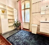 Badezimmer in einer 2-Zimmer-Wohnung mit Waschbecken, Regal, Teppich und Pflanze.