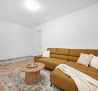 Ein Zimmer in einer 3-Zimmer-Wohnung mit einem braunen Sofa, einem Tisch und einem gemusterten Teppich.