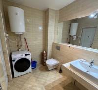 Badezimmer mit Boiler, Waschmaschine, Toilette und Spiegel in einer 2-Zimmer-Wohnung.
