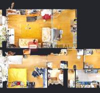 Grundriss einer 3-Zimmer-Wohnung mit Holzböden, Zimmern und einem Balkon mit Pflanzen.