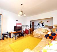 Wohnzimmer in einer 3-Zimmer-Wohnung mit Holzboden, Regalen und Sofas.