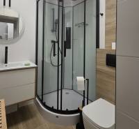Badezimmer mit moderner Duschkabine und Waschbecken in einer Zweizimmerwohnung.
