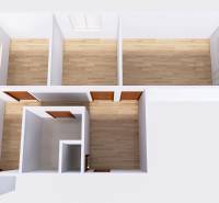 Grundriss einer 3-Zimmer-Wohnung mit Fenstern und Türen auf Holzboden.