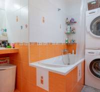 Badezimmer in einer 3-Zimmer-Wohnung mit Waschmaschine und Trockner, orange Fliesen, Badewanne.