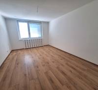 Ein leerer Raum mit Holzboden und einem großen Fenster in einer Zweizimmerwohnung.