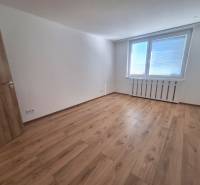 Ein geräumiges Zimmer mit Holzboden und einem großen Fenster in einer 2-Zimmer-Wohnung.