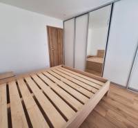 Schlafzimmer mit einem Holzbett und einem Einbauschrank in einer 2-Zimmer-Wohnung.