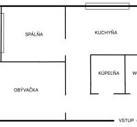 Grundriss einer 2-Zimmer-Wohnung umfasst ein Schlafzimmer, eine Küche, ein Wohnzimmer, ein Badezimmer und eine Toilette.