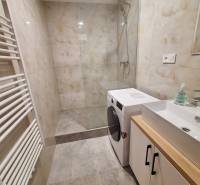 Badezimmer mit Waschmaschine in einer 2-Zimmer-Wohnung, mit begehbarer Dusche und Waschbecken.