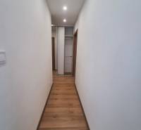 Ein enger Flur mit Holzboden und einem Einbauschrank in einer 2-Zimmer-Wohnung.