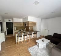 Wohnbereich einer 3-Zimmer-Wohnung mit offener Küche, Bartresen und grauem Sofa.