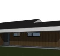 Entwurf eines Einfamilienhauses in Valča mit Garage und dunklen Holzelementen an der Fassade.