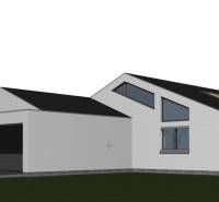 Visualisierung eines Einfamilienhauses in Valča mit geräumiger Terrasse und Garage.
