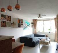Wohnzimmer mit Sofa, Holztisch und interessanten Hängelampen in einer 2-Zimmer-Wohnung.