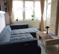 Wohnzimmer in einer 2-Zimmer-Wohnung mit einer Eckcouch und einem Couchtisch.