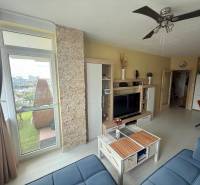 Wohnzimmer in einer 2-Zimmer-Wohnung mit Balkon, TV-Wand und Deckenventilator.