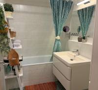 Badezimmer mit Badewanne, grünem Vorhang und Waschbecken in einer 2-Zimmer-Wohnung.