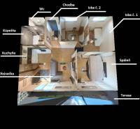Grundriss einer 4-Zimmer-Wohnung mit Badezimmer, Küche, Wohnzimmer und Terrasse.