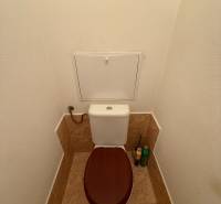 Toilette mit braunem Sitz und Fliesen in einer 2-Zimmer-Wohnung.