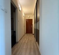 Ein schmaler Flur mit Holzboden und einem Einbauschrank in einer Zweizimmerwohnung.