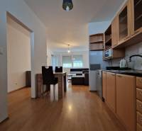 Küche und Wohnzimmer in einer 2-Zimmer-Wohnung mit Esstisch und moderner Küchenzeile.