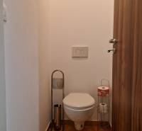 Badezimmer mit Toilette und Toilettenpapierhaltern in einer Einzimmerwohnung.