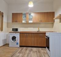 Küche in einer Einzimmerwohnung mit Herd, Mikrowelle und Waschmaschine, Holzschränke.