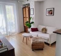 Wohnzimmer in einer 2-Zimmer-Wohnung mit weißem Sofa und Pflanze.
