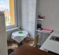 Küche in einer 2-Zimmer-Wohnung mit Fenster, Bartresen und Essecke.