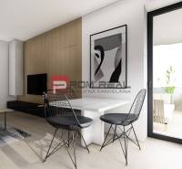 Innenraum einer 2-Zimmer-Wohnung mit Esstisch, Stühlen und Blick auf die Terrasse.
