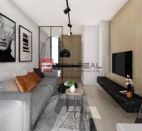 Wohnzimmer in einer Zweizimmerwohnung mit Möbeln, Dekorationen und einem Fernseher an der Holzwand.
