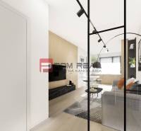 Stilvolles Interieur einer 2-Zimmer-Wohnung mit offenem Raum, Dekor und Möbeln.
