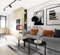 Innenraum einer 2-Zimmer-Wohnung mit Sofa, Stühlen, Tisch und Dekorationen.