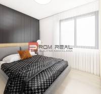 Schlafzimmer in einer 2-Zimmer-Wohnung mit schwarzer Wand, Bett und Nachttisch mit Dekorationen.