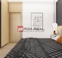 Schlafzimmer in einer 2-Zimmer-Wohnung mit Bett, Kleiderschrank und Wanddekoration.