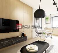 Wohnzimmer einer Zweizimmerwohnung mit Fernseher, Esstisch und Holzelementen.