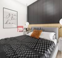 Schlafzimmer in einer 2-Zimmer-Wohnung mit schwarz-weißen Elementen und Wanddekoration.