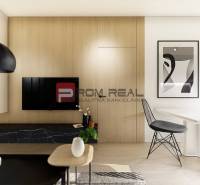 Wohnzimmer in einer 2-Zimmer-Wohnung mit Holzwand, Fernseher, Esstisch und Dekorationen.