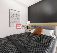 Schlafzimmer in einer 2-Zimmer-Wohnung mit einem bequemen Bett und einer dekorativen Wand.