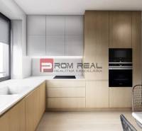 Küche in einer 2-Zimmer-Wohnung mit eingebauten Geräten, minimalistischem Design und großem Fenster.