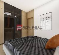 Schlafzimmer in einer 2-Zimmer-Wohnung mit Bett, Kleiderschrank und dekorativem Bild.