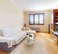 Wohnzimmer mit Sofa, Teppich, Glastisch, Möbeln und Fernseher in einer 3-Zimmer-Wohnung.