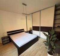 Schlafzimmer mit Einbauschrank, Bett und Nachttischen in einer Zweizimmerwohnung.