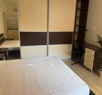 Schlafzimmer in einer 2-Zimmer-Wohnung mit Schrank, Tisch und Pflanze.