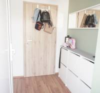 Flur in einem Einfamilienhaus mit Holztüren und weißen Möbeln.