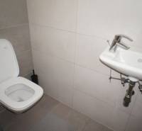 Eine Toilette mit Waschbecken im Einfamilienhaus ist mit Fliesen verkleidet und minimalistisch eingerichtet.