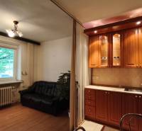 Büros mit einer Küchenzeile aus Holz, einem bequemen Sofa und einem Fenster mit Blick auf Grünflächen.