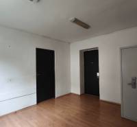 Ein Bürointerieur mit drei Türen, Holzboden und weißen Wänden.